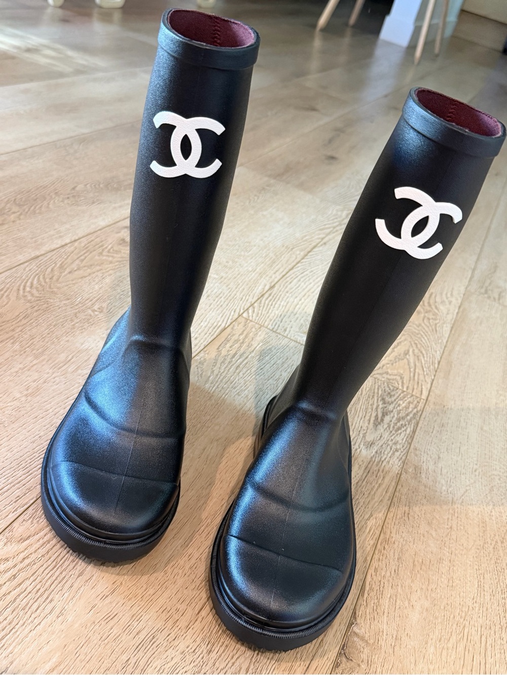 CHANEL Black Knee-High Rain Boots with White Logo